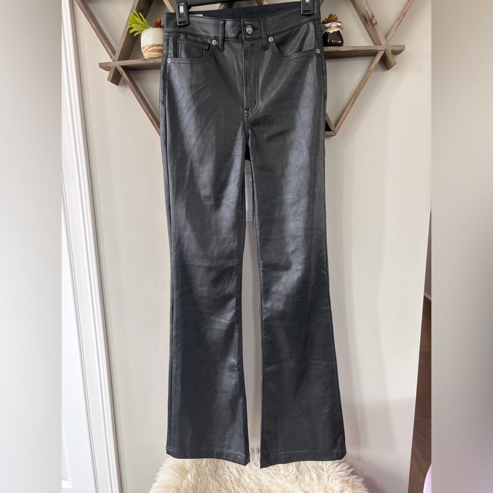 High Rise Black Vegan Leather '70s Flare Pants. Size 26 Long/Size 2 Long